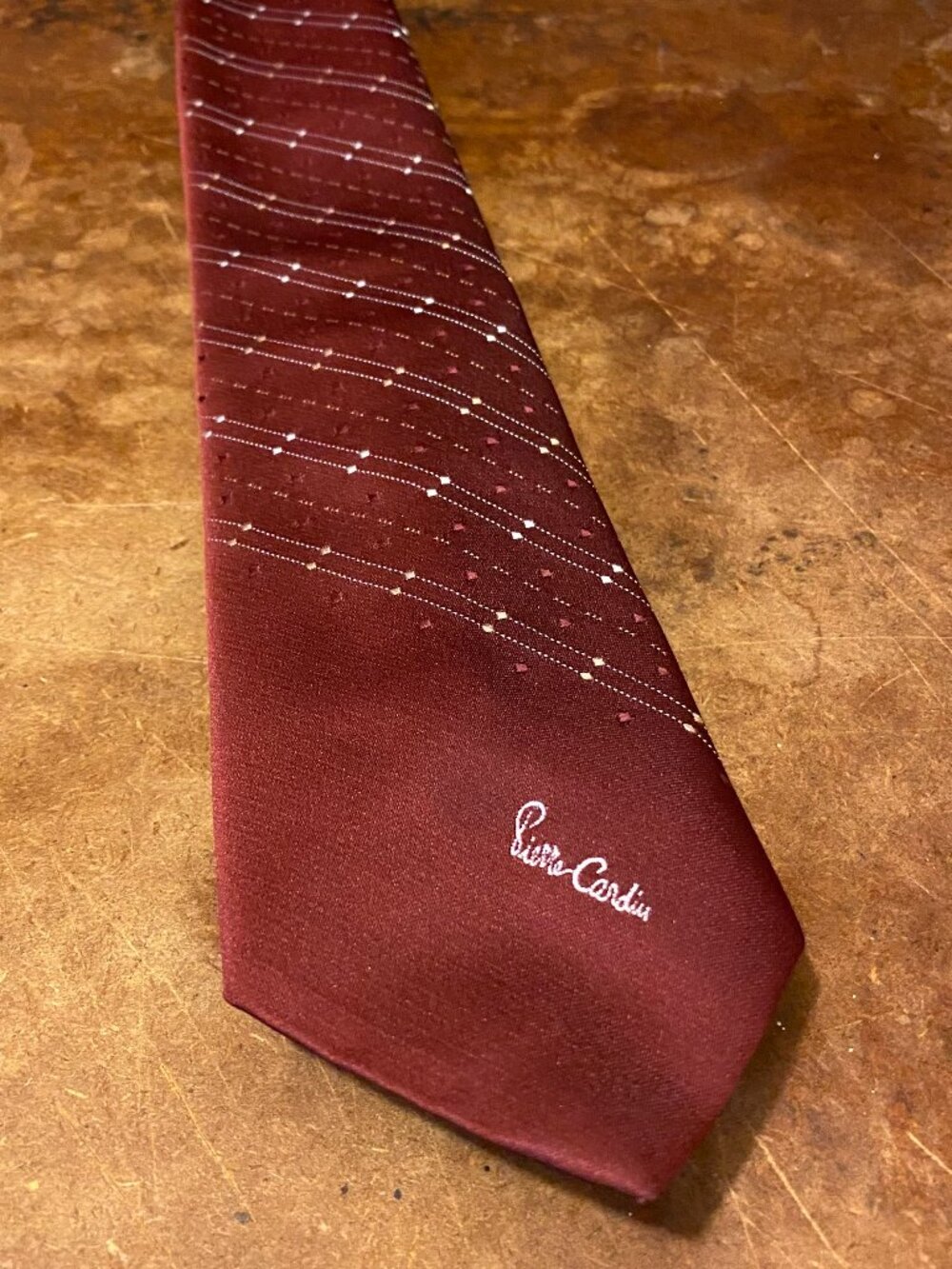 1970s Weinstock's Pierre Cardin Burgundy Red Stripe Dot Tie Vintage